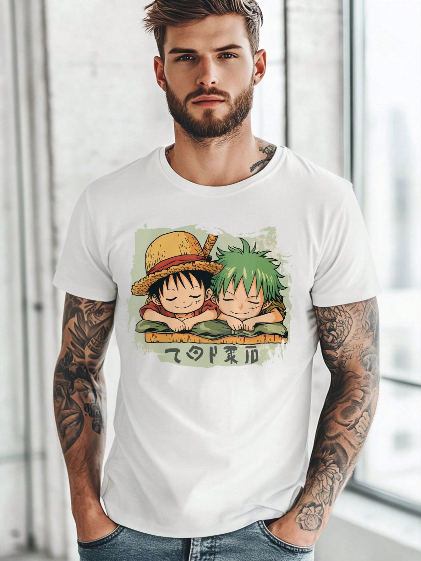 One Piece Anime Graphic T-Shirts Two Anime Characters Sleeping With Their Arms Crossed 100% Cotton 220g Summer Tops Streetwear