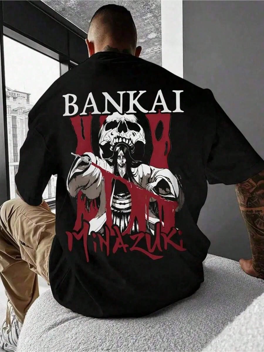 Men's Plus Size Crew Neck Short Sleeve T-Shirt With Bleach Bankai Minazuki Graphic Print, 220g, Casual Digital Print T-Shirt, 1 Piece, Anime Style 100% Cotton, Summer Streetwear