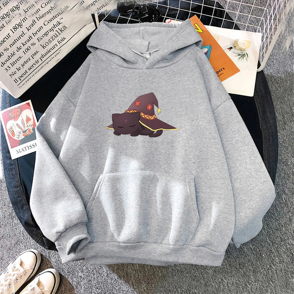 KonoSuba  Chomusuke Cat Print Hooded Men Women Casual Loose Hoodies Classic Streetwear Harajuku Sweatshirt