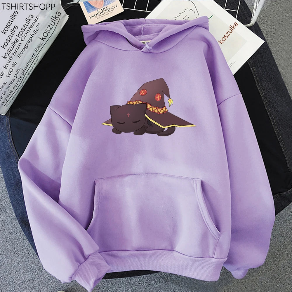 KonoSuba  Chomusuke Cat Print Hooded Men Women Casual Loose Hoodies Classic Streetwear Harajuku Sweatshirt