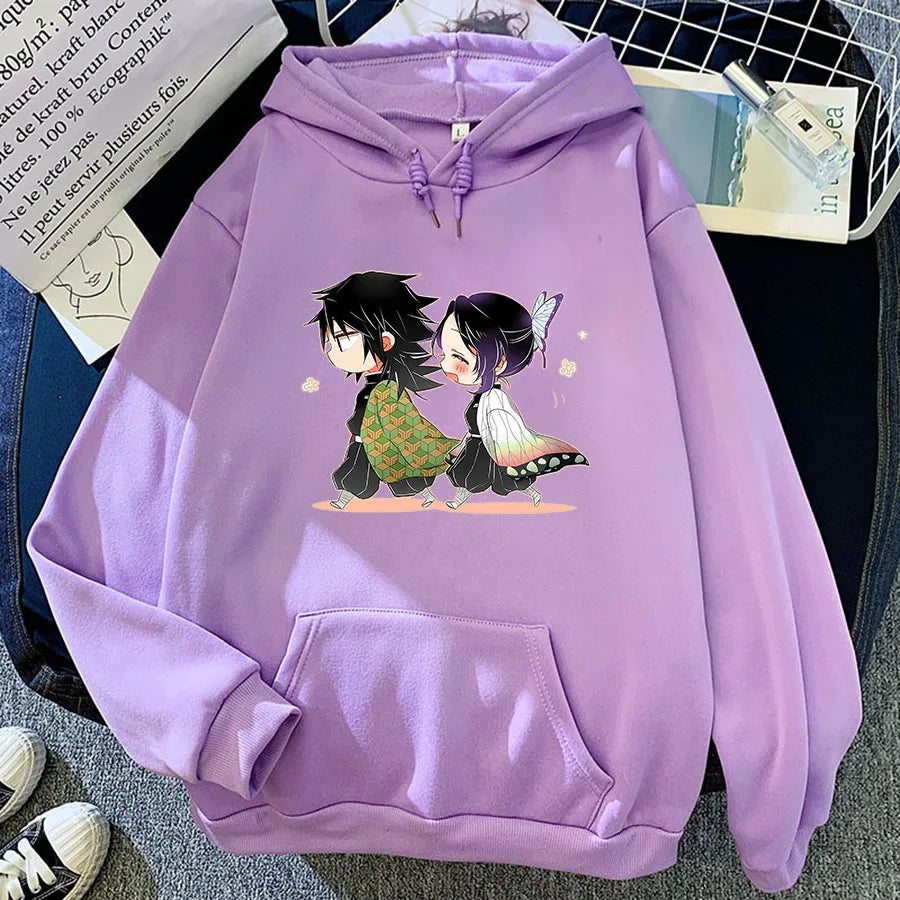 Demon Slayer Kawaii Giyu Tomioka And Shinobu Kocho Graphic Print Hoodie Kimetsu No Yaiba Japan Anime Hoodies Women Sweatshi