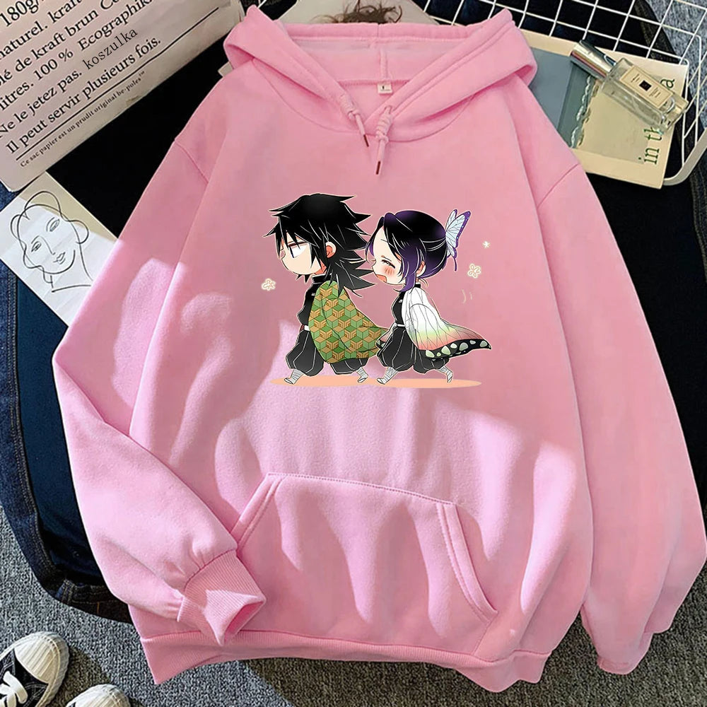 Demon Slayer Kawaii Giyu Tomioka And Shinobu Kocho Graphic Print Hoodie Kimetsu No Yaiba Japan Anime Hoodies Women Sweatshi