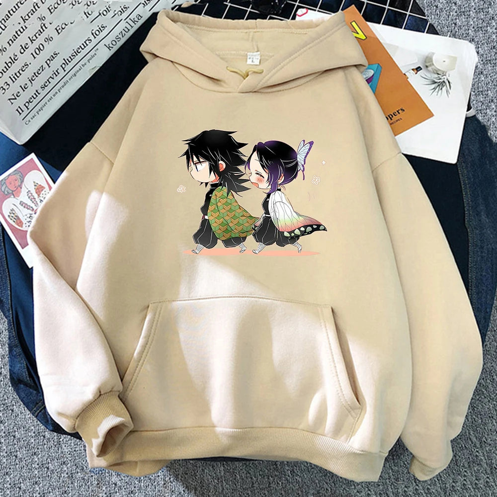 Demon Slayer Kawaii Giyu Tomioka And Shinobu Kocho Graphic Print Hoodie Kimetsu No Yaiba Japan Anime Hoodies Women Sweatshi