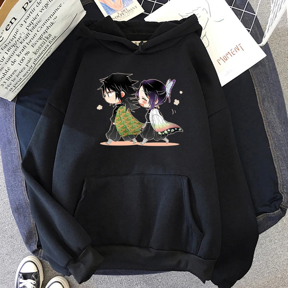 Demon Slayer Kawaii Giyu Tomioka And Shinobu Kocho Graphic Print Hoodie Kimetsu No Yaiba Japan Anime Hoodies Women Sweatshi